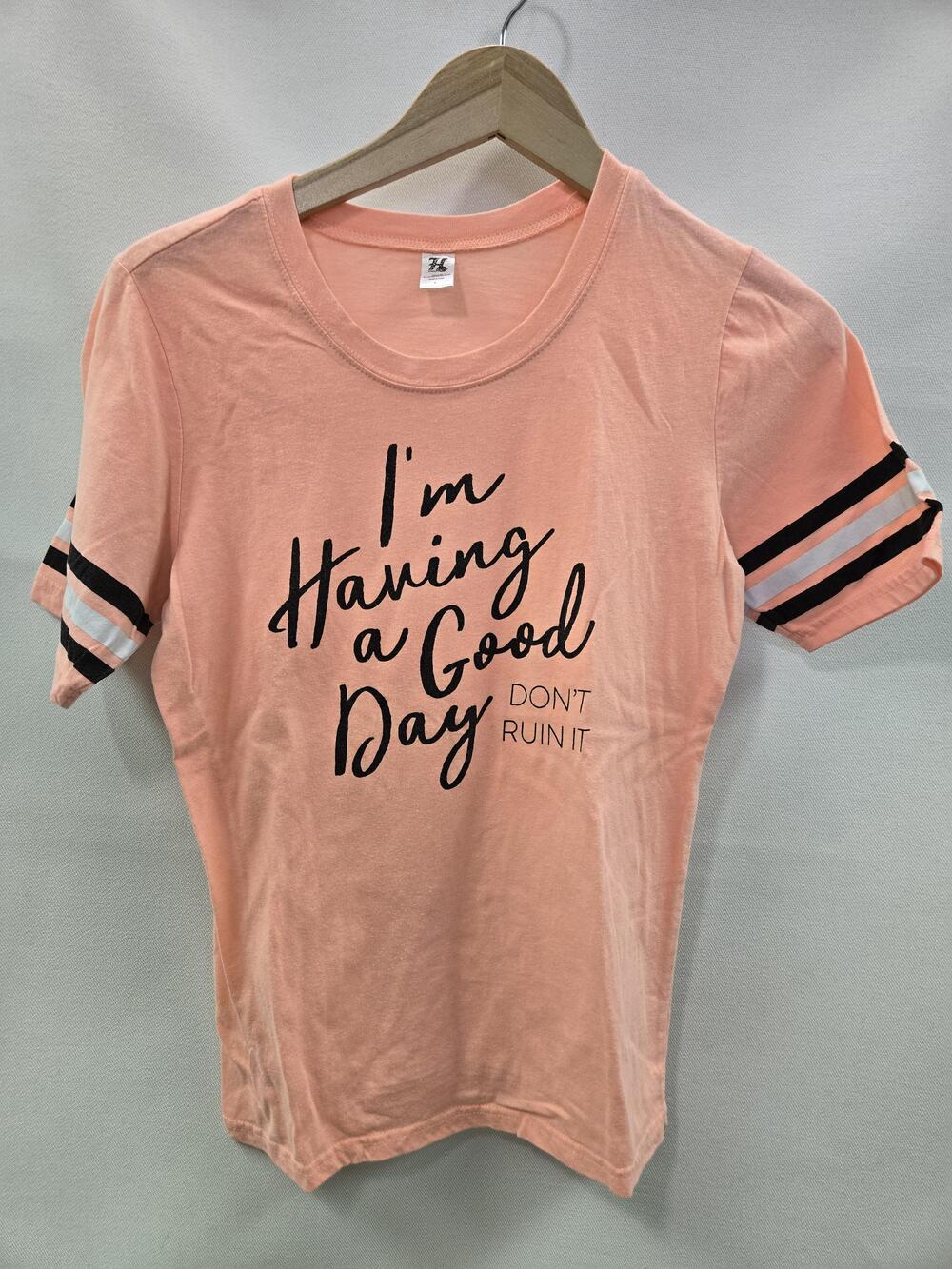 Im Having A Good Day Shirt Womens Large Pink Hybrid Graphic Striped Sleeve